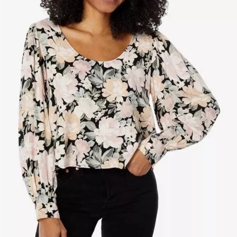 Saltwater Luxe cropped open back floral Zarrow Black and Pink Blouse Top XS